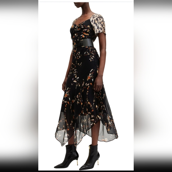 AllSaints Leah  Asymmetrical Midi Dress With Leopard Sleeves - Picture 5 of 11